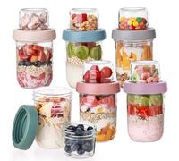 Lot de 6 récipients à avoine de nuit avec couvercles et cuillères, bocaux Mason en verre double couche avec séparation sèche et humide, récipients hermétiques et étanches pour chia, pudding au chia