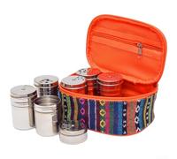 Lot de 6 récipients à épices compacts en acier inoxydable avec sac orange pour le voyage, le camping, l'organisation et le rangement de la cuisine