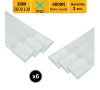 lot de 6 réglettes LED intégrée IP20 120cm 36W 3600lm -4000K lumière du jour - garantie 2 ans