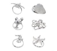 Lot de 6 ronds de serviette en alliage de zinc avec étoile de mer, pieuvre, et plus encore pour une utilisation sur la table à manger, adaptés pour les banquets, les réunions de famille et la