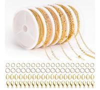 Lot de 6 rouleaux de chaîne à maillons dorés de 14 m - Kit de fabrication de bijoux - Au mètre - Avec anneaux et fermoirs mousquetons - Pour colliers, bracelets, bijoux