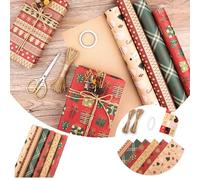 Lot de 6 rouleaux de papier cadeau de Noël en papier kraft rouge et vert, collection d'éléments de Noël avec flocon de neige/arbre/rayures rouges/motif Joyeux Christ, 50 x 70 cm (A-1 feuille)