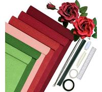 Lot de 6 rouleaux de papier crépon multicolore, 25 x 200 cm, tons roses avec 15 fils floraux verts, ruban adhésif double face, règle, fil à coudre, papier crépon, fleurs (série roses)