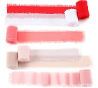 Lot de 6 rouleaux de ruban en mousseline de soie fait à la main, 3,8 cm x 2,7 m, ruban coloré rustique pour bouquets, emballages, décoration, cravates de mariage, invitations (ensemble rose rouge)