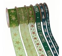 Lot de 6 rouleaux de rubans décoratifs de Noël pour emballage cadeau de Noël - Étoiles d'hiver à paillettes - Ruban festif à paillettes pour travaux manuels, décorations de Noël (vert)