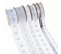 Lot de 6 rouleaux de rubans décoratifs de Noël pour emballage cadeau - Étoiles d'hiver - Ruban à paillettes scintillantes - Ruban festif flocon de neige pour travaux manuels, décorations de Noël