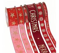 Lot de 6 rouleaux de rubans décoratifs de Noël pour emballage cadeau - Étoiles d'hiver - Ruban à paillettes scintillantes - Ruban festif flocon de neige pour travaux manuels, décorations de Noël