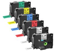 Lot de 6 rubans d'étiquettes de rechange pour Brother TZe151, TZ251, TZ451, TZ551, TZ651, TZ751, noir sur transparent/blanc/rouge/bleu/jaune/vert, 2,5 cm x 8 m, compatible avec PT-D610BTVP, PT-P710BT