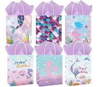 Lot de 6 Sachets Cadeaux - Motif Sirène, sacs en papier avec poignées torsadées 22×16×8 cm. Idéal pour anniversaires, fêtes d’enfants, filles, baby shower, Noël et emballage cadeau.