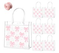 Lot de 6 sacs à friandises avec nœud rose transparent avec poignées, livrés avec 1 rouleau de ruban rose de 9 m pour mariage, anniversaire, baptême, Saint-Valentin