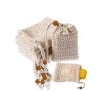 Lot de 6 sacs à linge en sisal naturel beige avec perles en bois, 14 cm x 9 cm, sacs à savon respectueux de l'environnement