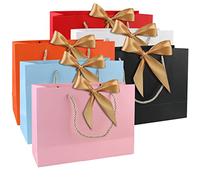 Lot de 6 sacs cadeaux en papier avec ruban d'arc, grands sacs cadeaux avec anse pour anniversaire, mariage, festival, Noël, 28 x 20 x 10 cm, couleur