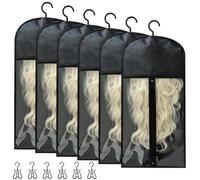 Lot de 6 sacs de rangement pour perruques - Étanche à la poussière - Avec crochet de suspension - Portable - Rangement des extensions de cheveux - Pour penderie, voyage, perruque (noir)