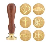 Lot de 6 sceaux de cire chrétiens - 6 têtes en laiton avec symboles inspirés de la foi et poignée en bois dans une boîte cadeau | Jésus poisson, croix, Dieu bénédiction, foi espoir, amour | pour