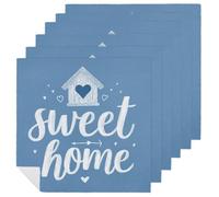 Lot de 6 serviettes de table carrées réutilisables et lavables en polyester avec mots mignons dessinés à la main Sweet Home sur fond bleu pour dîner