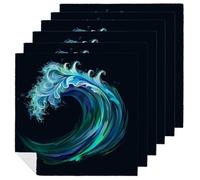 Lot de 6 serviettes de table carrées réutilisables et lavables en polyester Motif vague irisée Bleu et vert