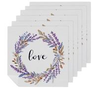 Lot de 6 serviettes de table carrées réutilisables et lavables en polyester pour dîner et fête Motif couronne de lavande aquarelle avec mots d'amour