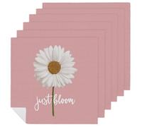 Lot de 6 serviettes de table carrées réutilisables et lavables en polyester pour dîner et fête Motif marguerites blanches avec mots Just Bloom sur rose