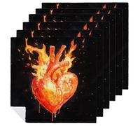 Lot de 6 serviettes de table carrées réutilisables et lavables en polyester pour dîner et fête Motif cœur flamboyant aquarelle
