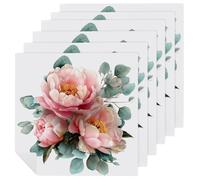 Lot de 6 serviettes de table carrées réutilisables et lavables en polyester pour dîner et fête Motif bouquet de pivoines roses aquarelle