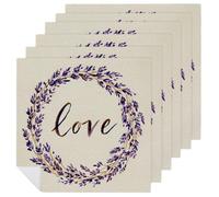 Lot de 6 serviettes de table carrées réutilisables et lavables en polyester pour dîner et fête Motif couronne de lavande avec les mots d'amour