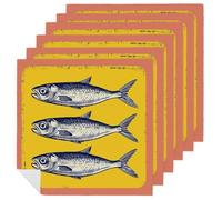 Lot de 6 serviettes de table carrées réutilisables et lavables en polyester pour dîner et fête Motif poisson sardine rétro