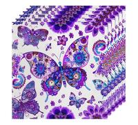 Lot de 6 serviettes de table en tissu douces et confortables réutilisables pour fête, mariage - Motif papillons et mandalas - Violet - 50 x 50 cm