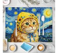 Lot de 6 Set de Table Chat Orange Ciel Étoilé Résistants à la Chaleur, Style Impressionniste Jaune Sets de Table Antidérapant Facile à Nettoyer, pour Cuisine Salle à Manger Décor 45x30cm