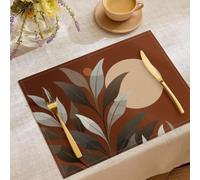 Lot de 6 Set de Table en Lin et Coton, Feuilles À Branches Progressives, 45x30cm | Lavables en Machine, Antidérapants, Plantes Abstraites Minimalistes, pour Table, Salle à Manger, Brun Foncé
