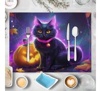 Lot de 6 Set De Table Mystère Halloween, 45x30cm Sets De Table Lavable en Lin, Résistant à Chaleur pour Cuisine Salle à Manger Mariage, Chat Noir Fantôme De Citrouille, Violet Jaune