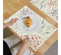 Lot de 6 Set de Table Plantes Illustrations Sets de Table Fleurs Sauvages Lavande 45x30cm Sets de Table en Lin Rose Violet Lavables pour Maison Cuisine Cabane de Campagne Fermes