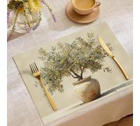Lot de 6 Set de Table Plantes Style De Peinture À l'huile, Beige Set de Table Olivier Pot De Fleurs Lavable Antidérapants, pour Vacances Banquet décoration de fête 45x30cm - Résistant à l'huile