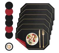 Lot de 6 sets de table avec dessous de verre en cuir synthétique bicolore - 30 x 20 cm - Antidérapants et résistants à la chaleur - Pour cuisine, salle à manger, maison, hôtel (noir rouge)