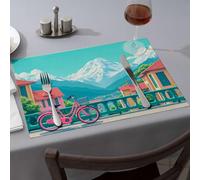 Lot de 6 sets de table bleus « A Pink Bicycle penst Against A Railing » avec des montagnes enneigées - Sets de table de Pâques