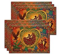 Lot de 6 sets de table Cinco de Mayo sur le thème de la danse folklorique | Sets de table en tissu, silhouettes de danseuses traditionnelles, motif aigle à tête blanche, accents de plantes du désert