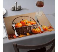 Lot de 6 sets de table citrouilles dans un panier avec feuilles d'automne - Chemin de table d'été facile à nettoyer