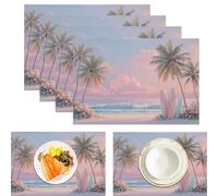 Lot de 6 Sets de Table Coton et Lin Style Tropical de rêve Planche de Surf Palm Tree Beach Rose Lavable Sets de Tables pour Table de Salle à Manger Cuisine Restaurant 30x45cm