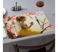Lot de 6 sets de table de cuisine et de salle à manger avec ailes tenant un oiseau parmi les fleurs de cerisier en fleurs. Sets de table Comedor Décorations de table de Pâques