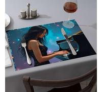 Lot de 6 sets de table de cuisine et salle à manger de qualité supérieure avec inscription « A Woman Plays The Piano Under A Starry Sky »