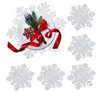 Lot de 6 Sets de Table de Noël, QeeFop 38cm PVC avec Flocons de Neige Sets de Table, Lavables Antidérapants et Résistants à la Chaleur, Set de Table en Vinyle pour Noël, Mariage, Fete (Argent)