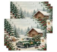 Lot de 6 sets de table de Noël vintage Motif camion cabine | Paysage d'hiver, set de table, cabane rustique, houx, forêt de pins enneigés, décoration de ferme vintage