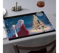 Lot de 6 sets de table de Pâques avec inscription « A Girl In Red Eyes At A Snowy Christmas Tree » pour salle à manger, cuisine et salle à manger