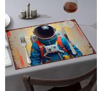 Lot de 6 sets de table de Pâques en costume d'astronaute dans l'espace avec écusson du drapeau américain. Sets de table printaniers modernes pour décoration de ferme