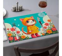 Lot de 6 sets de table de printemps - Motif chat mignon dans un manteau de pluie jaune parmi des fleurs colorées. Sets de table décoratifs lavables