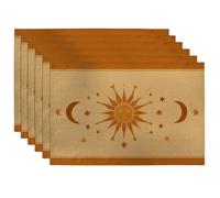 Lot de 6 sets de table décoratifs motif soleil lune étoiles, orange, bohème, pour table de salle à manger, antidérapant, lavable, pour intérieur et extérieur