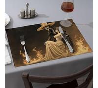 Lot de 6 sets de table décoratifs pour décoration d'intérieur - Figurine squelettique dans un chapeau de cowboy embrassant une femme en flammes - Assiettes décoratives pour cuisine et salle à manger