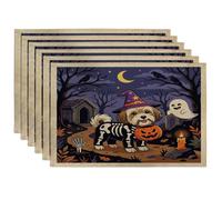 Lot de 6 sets de table doux pour Halloween motif chien havanais 30,5 x 45,7 cm, motif imprimé de chiot d'horreur, cimetière, pour la maison, le dîner, les fêtes de fin d'année, la cuisine