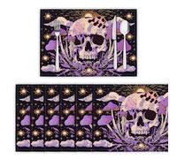 Lot de 6 Sets de Table, Éléments d'art Populaire Lavable Napperons Résiste à la Chaleur Antidérapant Crâne Et Champignons Dessous de Table pour Cuisine ou Table à Manger, Violet