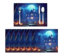 Lot de 6 Sets de Table, Éléments d'halloween Lavable Napperons Résiste à la Chaleur Antidérapant Manoir Hanté Dessous de Table pour Cuisine ou Table à Manger, Bleu