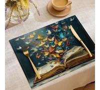 Lot de 6 Sets de Table en Coton et Lin, Vieux Livres Usés Papillon Résistant à l'usure à la Chaleur Set Table Lavables antidérapant, 45 x 30 cm Napperon pour Cuisine Manger